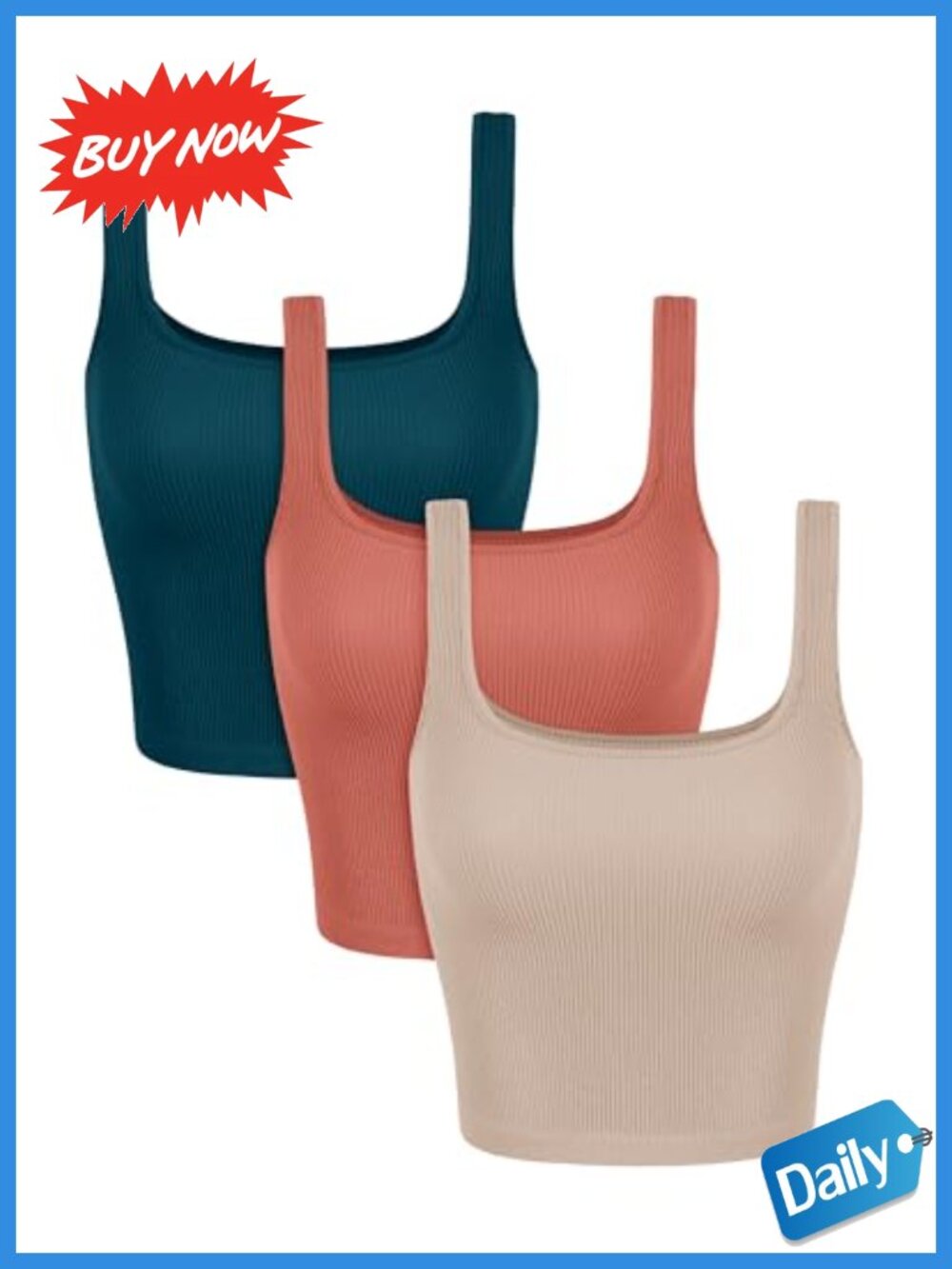 ODODOS Seamless Ribbed Crop Tank Top Square Neck Slim Fit Yoga